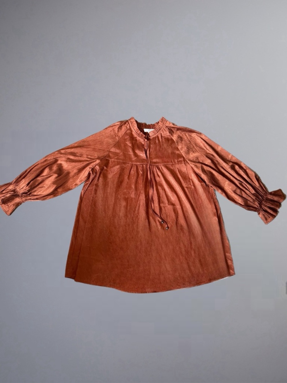 Entro Brown Satin Babydoll Blouse Boho Peasant Tie Neck Puff Sleeve XL - Picture 2 of 7